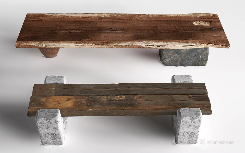 Rustic Wooden Stools With Natural Stone Supports And Solid Wood Seats 3d model