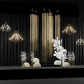 Elegant Floral Decor Stage Design With Golden Curtains White Flowers Chandeliers And Candle Holders