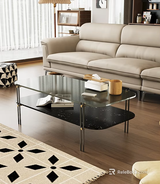 Modern Glass Top Coffee Table With Metal Frame And Black Shelf In Living Room 3d model 