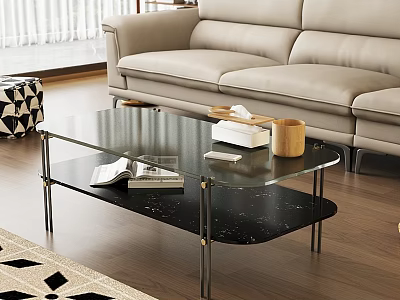 Modern Glass Top Coffee Table With Metal Frame And Black Shelf In Living Room 3d model