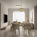 Modern Living And Dining Room Interior With Beige Sofa Arched Window And Decorative Painting
