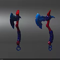 Two Ornate Red And Blue Axes With Decorative Blades And Coiled Handles