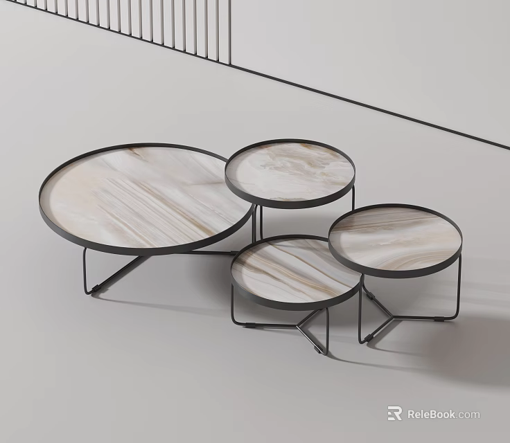 Modern Round Coffee Tables With Marble Tops And Black Metal Frames Set 3d model 