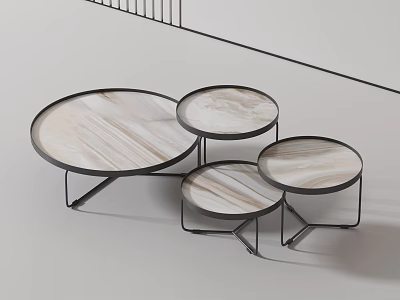 Modern Round Coffee Tables With Marble Tops And Black Metal Frames Set 3d model