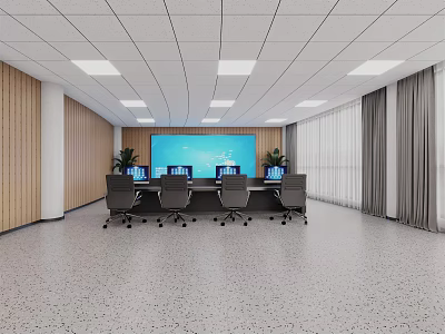 Modern Control Room Interior With Large Monitor Screen Control Desk And Ergonomic Chairs 3d model