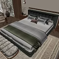Modern Double Bed With Leather Headboard Green Blanket Pillows Wooden Nightstands And Bench