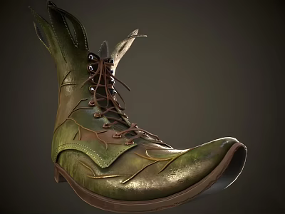 Green and Brown Leather Shoes with Leaf-like Texture Pointed Toe and Laces 3d model