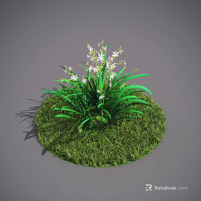 Round Green Grass Area With Long Green Leaves And White Small Flowers 3d model 