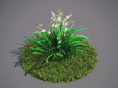 Round Green Grass Area With Long Green Leaves And White Small Flowers 3d model