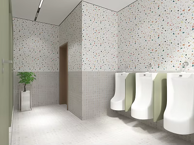 Public Toilet Interior With White Urinals Colorful Speckled Tiles And Green Plant 3d model