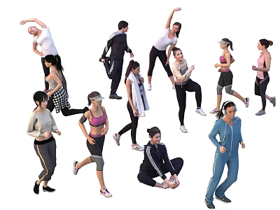 Group of People Exercising in Various Active Poses Wearing Sportswear with Different Movements 3d model