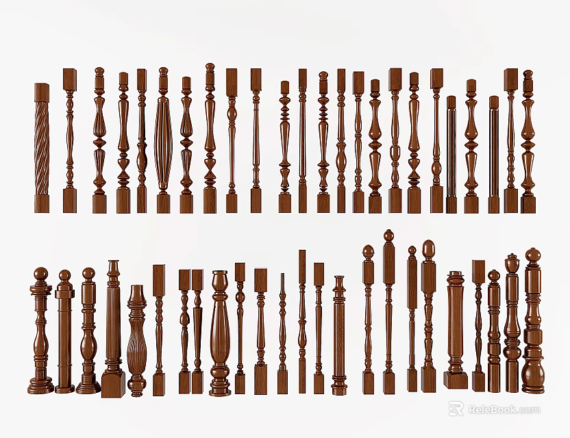 Decorative Wooden Balusters With Various Designs And Classic Styles For Railings 3d model 