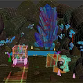 Cartoon Mine Scene With Glowing Blue Crystals Orange Mine Carts And Rail Tracks