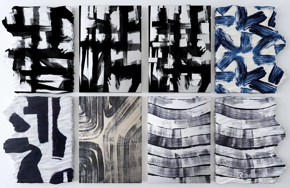 Abstract Art Prints Featuring Black White Blue Patterns And Modern Brush Strokes 3d model 