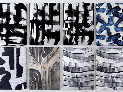 Abstract Art Prints Featuring Black White Blue Patterns And Modern Brush Strokes 3d model
