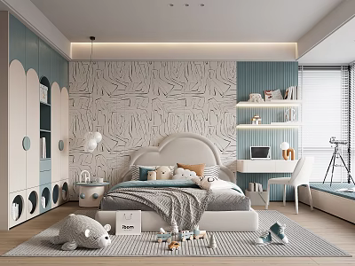 Modern Kids Room Design With Leaf Pattern Wallpaper White Headboard Desk Bookshelf And Blue Wardrobe 3d model