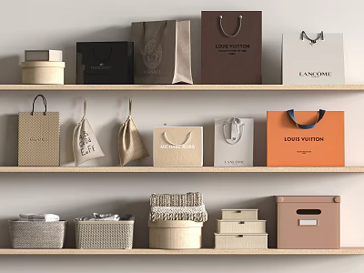 Assorted Stylish Fabric Paper And Woven Bags With Storage Boxes On Shelves 3d model