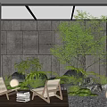Garden Landscape With Stone Wall Glass Skylight Wooden Lounge Chairs Green Plants And Pebble Ground