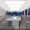 Modern Professional Conference Room Interior With Long Table Gray Chairs And Blue Backdrop