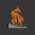 Colorful Vegetable Arrangement Featuring Mushroom Cluster on Blue Platform with Small Creatures and Coins