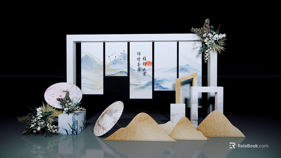 Chinese Style Decorative Display Featuring Screen with Landscape Art Fans Floral Arrangements and Mountain Decor 3d model 