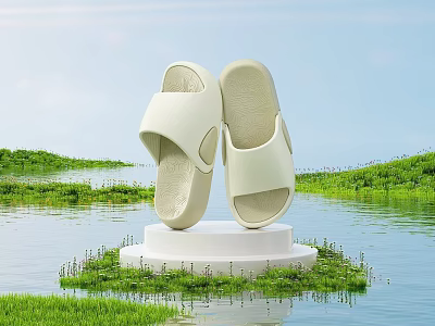 White Slippers Placed on White Pedestal Surrounded by Green Grass and Calm Water 3d model