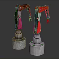 Red Industrial Mechanical Arms With Metal Bases And Articulated Joints Design