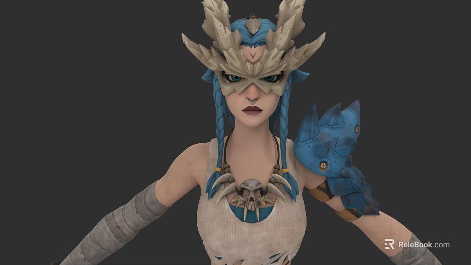 Dragon Horn Headdress With Blue Braided Hair White Sleeveless Top And Scale Shoulder Armor 3d model 