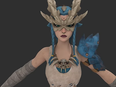 Dragon Horn Headdress With Blue Braided Hair White Sleeveless Top And Scale Shoulder Armor 3d model
