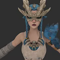 Dragon Horn Headdress With Blue Braided Hair White Sleeveless Top And Scale Shoulder Armor
