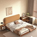 Cozy Double Bed with Yellow Headboard White Brown Bedding Nightstand Lamp Wall Art Brown Curtains