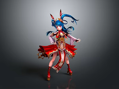 Game and Movie Character With Blue Long Hair Red Gold Outfit and Ornamental Headdress 3d model