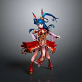 Game and Movie Character With Blue Long Hair Red Gold Outfit and Ornamental Headdress