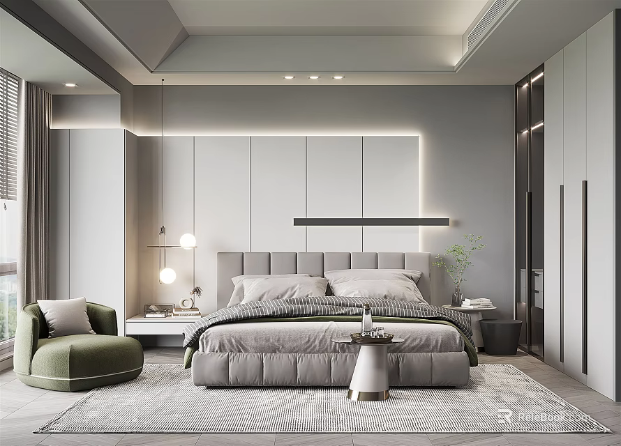 Modern Bedroom Interior Design Featuring Large Bed Gray Headboard Wall And Green Accent Chair 3d model 