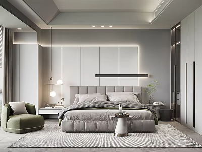 Modern Bedroom Interior Design Featuring Large Bed Gray Headboard Wall And Green Accent Chair 3d model