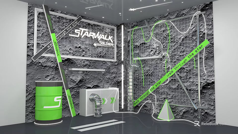 STARWALL Exhibition Space With Green Lines Gray Background And Decorative Structures 3d model 