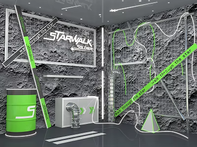 STARWALL Exhibition Space With Green Lines Gray Background And Decorative Structures 3d model