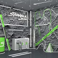 STARWALL Exhibition Space With Green Lines Gray Background And Decorative Structures
