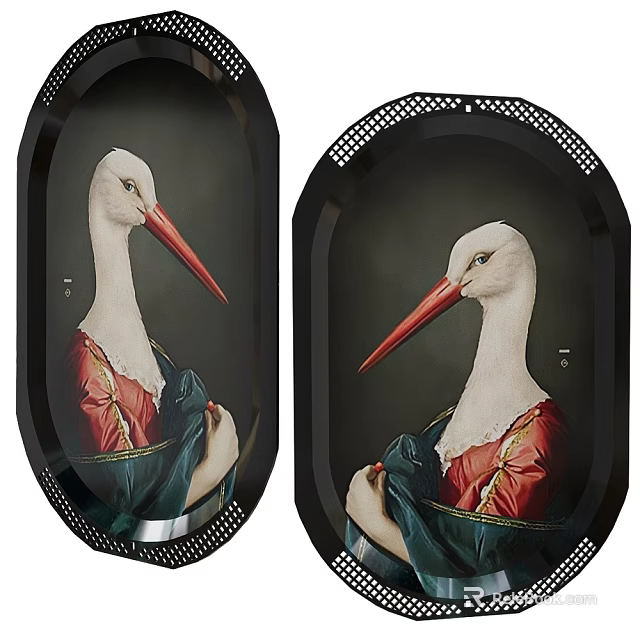 Decorative Oval Trays With Stork Art Design In Vintage Style And Black Border 3d model 