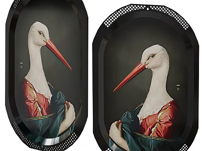 Decorative Oval Trays With Stork Art Design In Vintage Style And Black Border 3d model