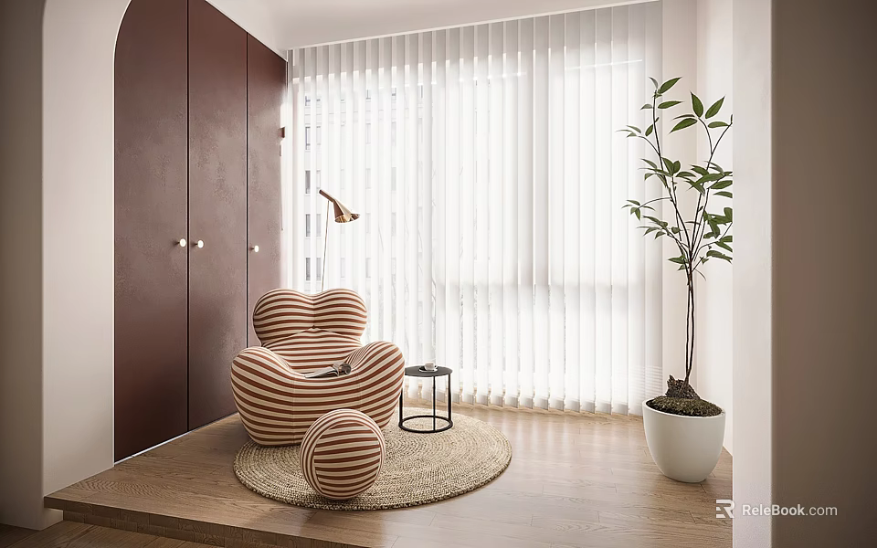 White Vertical Blinds in Modern Room with Heart Striped Chair Wooden Floor and Green Plant 3d model 