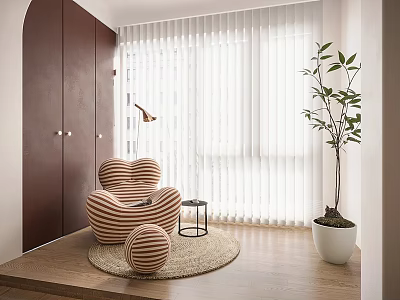 White Vertical Blinds in Modern Room with Heart Striped Chair Wooden Floor and Green Plant 3d model