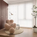 White Vertical Blinds in Modern Room with Heart Striped Chair Wooden Floor and Green Plant