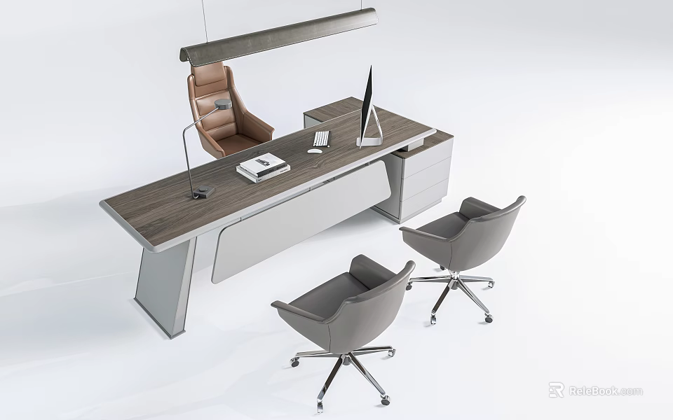 Modern Office Desk With Wooden Tabletop White Drawers Two Gray Chairs Hanging Lamp And Laptop 3d model 