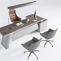 Modern Office Desk With Wooden Tabletop White Drawers Two Gray Chairs Hanging Lamp And Laptop