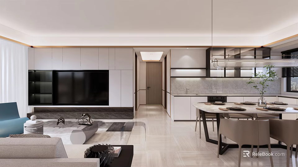 Modern Living and Dining Room Interior Design With TV Wall Dining Table Chairs and Lighting 3d model 
