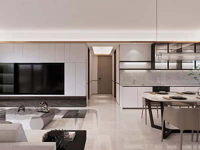 Modern Living and Dining Room Interior Design With TV Wall Dining Table Chairs and Lighting 3d model