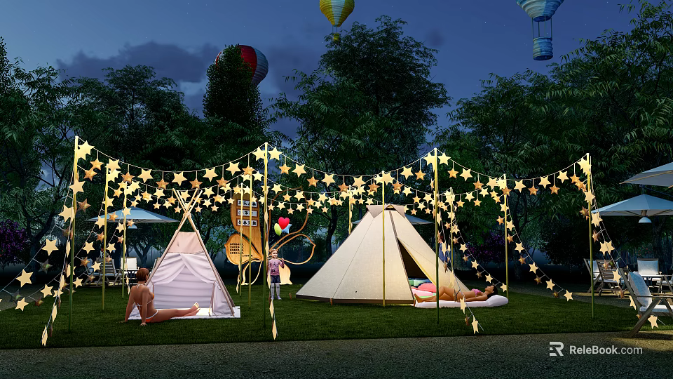 Star Shaped String Decorative Lights For Outdoor Night Camping With Tents On Grass 3d model 