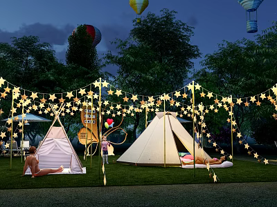 Star Shaped String Decorative Lights For Outdoor Night Camping With Tents On Grass 3d model