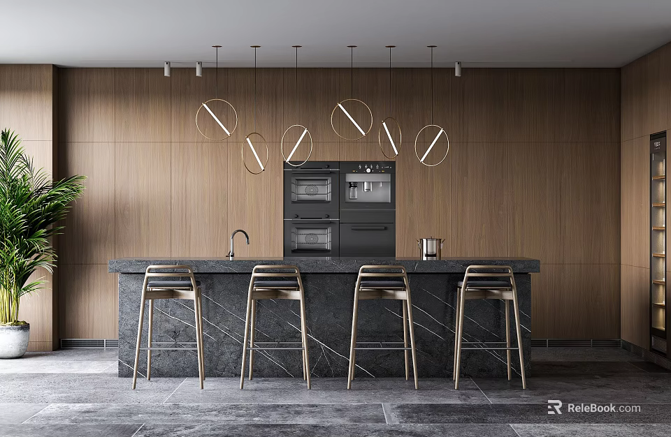 Modern Kitchen Interior Design With Island Counter Bar Stools And Hanging Lights 3d model 